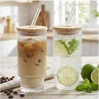 Levandeo® Glas, 2er Set Trinkglas Deckel Strohhalm 250ml Bambusdeckel Trinkbecher