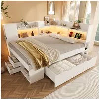 Odikalo Schlafsofa 90x200 140x200 90x190 Schlafcouch mit LED und Stauraum, Funktionsbett mit LED-Beleuchtung Einzelbett aus Holzwerkstoff mit USB & Typ-C Ladestation Stauraum Regalen und Schubladen Jugendbett inkl. Lattenrost (ohne Matratze)