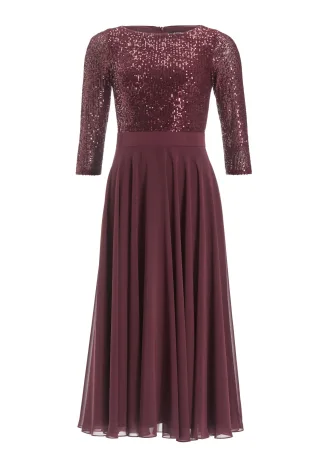SWING - Cocktailkleid in Midi Länge mit Top aus elastischer Paillette und Tellerrock in Chiffon merlot - Gr. - 44