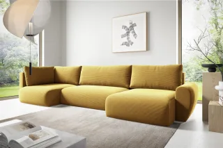 Wohnlandschaft Schlafsofa GALAN Stoff Poso Honiggelb Ottomane Rechts