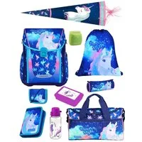 Familando Schulranzen Unicorn Einhorn Schultasche, Pferde, blau, rosa, ab 1. Klasse (Set, 10-tlg., inkl. Sporttasche und Schultüte / Zuckertüte 85cm), mit Brustgurt, 1.000 Gramm leicht, 20L Volumen