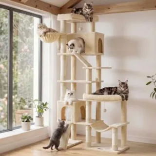 FEANDREA Kratzbaum, 202 cm hoch, Katzenbaum, für große Katzen, Katzenkratzbaum beige