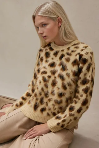 Leopardenmuster Rundhalsausschnitt Pullover