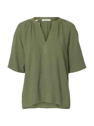 selected women - SLFVIVA 2/4 V-NECK LINEN BLEND TOP NOOS Deep Lichen Green - Gr. - 38