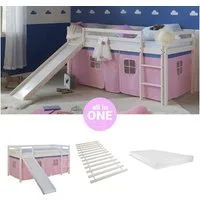 Homestyle4u Hochbett 90x200 Kinderbett mit Leiter und Vorhang Weiß Rosa Holz Treppe Kinder (Komplett-Set mit Lattenrost, mit Rutsche, Matratze mit OEKO-TEX® Standard 100) Kiefer, Jungen Mädchen, Spielbett