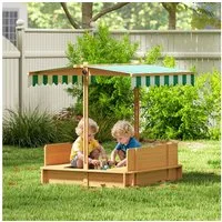 Outsunny Sandkasten mit höhenverstellbar Abdeckung Sitzbänken Rücklehnen, (Kinder Sandbox, 1-tlg., Sandkiste), aus Holz für Outdoor Garten Terrasse Balkon Hellbraun