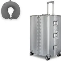 WINLIFE Trolley Hartschalen-Koffer Alu-Rahmen Silber Trolley M, L, XL + Nackenkissen, 4 Doppelrollen Rollen, ABS+PC-Hartschale, TSA-Zahlenschloss, 360°-Doppelrollen