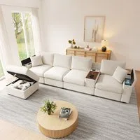 REDOM Ecksofa Modulares Sofa mit Armlehnen, Stauraum, USB/Type-C & Becherhaltern 1 Teile, Chenille, Beige, 313x147x82cm