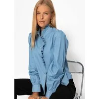 SASSYCLASSY Langarmbluse Denim Bluse mit Rüschen für Damen Elegante Bluse mit Stehkragen und Knopfleiste Blau