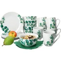 MamboCat Frühstücks-Geschirrset Eukalyptus 18tlg Frühstücksset Porzellan 6 Personen Teller Becher, Porzellan