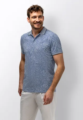 State of Art - Piqu�-Poloshirt mit botanischem Druck mittelblau/marine - Gr. - M