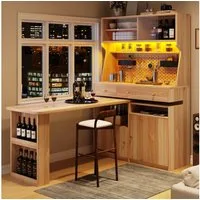 Flieks Buffet Küchenschrank Küchenbuffet mit 360° drehbar Esstisch (Buffetmaße: 119,2x44,8x177,7 cm, Tischplattemaße: 137x59 cm, 2-St., mit Acryl-Schiebetür und Schubladen) Hochschrank mit LED-Beleuchtung & Stecktafel, Arbeitstisch mit Ablagen
