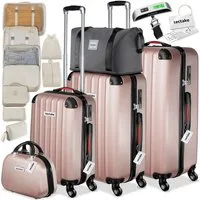 tectake Trolley Hartschalenkoffer-Set 19-teilig aus ABS-Kunststoff, Kofferwaage, 4 Rollen, TSA-Schloss, 360° drehbare, abnehmbare Rollen, mit Packwürfelset