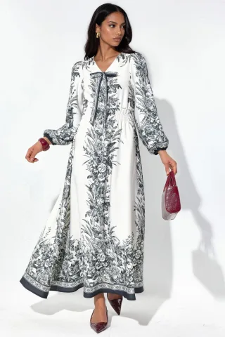 Bedrucktes V-Ausschnitt-Maxi-Kleid mit Bindegürtel