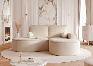 Ecksofa Designersofa Sofa ARLET in Stoff Abriamo Hellbeige Ottomane Rechts