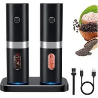 Forrlite Salz-/Pfeffermühle Pfeffermühle elektrisch, Gewürzmühle elektrisch 2er Set (Wiederaufladbar, LED Beleuchtung, mit einstellbarem Keramikmahlwerk, Reinigungsbürste Bürste), für BBQ, Restaurant, Küche