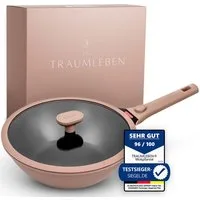 TRAUMLEBEN Wok 28 cm Wokpfanne mit Deckel, abnehmbarer Griff, Antihaftbeschichtung, aus Aluminium, für Induktion geeignet, backofenfest, hoher Rand