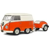 Solido Modellauto VW T1 Bus Kool Kombi orange weiß mit Anhänger, Maßstab 1:18