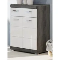 Inn.Furn Kommode Shawn (Badschrank in Weiß Hochglanz und Grau, 2-türig, 74 x 88 cm), mit großem Vollauszug-Schubkasten