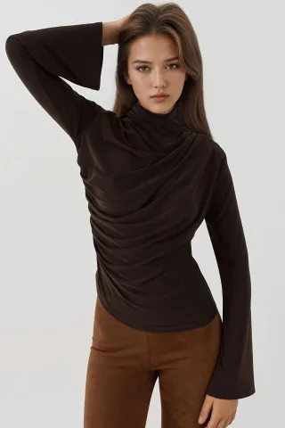 Drapierter Halbrollkragen Langarm Slim Fit Top