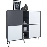 Vladon Highboard Havana V3 (Sideboard mit 4 Türen und 4 offene Fächer, Kommode Made in Germany), Anthrazit matt / Weiß matt (130,5 x 124 x 35 cm)