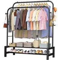 loefme Kleiderständer 3-in-1 Garderobenständer, Metall Kleiderstange offen, (mit doppelter Ablage & Seitenhaken), Einfache Montage Multifunktionaler Kleiderständer, Schwarz