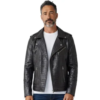 Herren schwarze Kuhleder-Alligatoren-Jacke mit geprägtem Biker-Muster – Kölnisch-Cologne