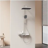 EMKE Duschsystem mit Thermostat Regendusche Komplettset mit ablage und Duscharmatur, Höhe 85 cm, 3 Strahlart(en), mit Ablage und Kopfbrause, Farbe: nthrazit Matt/Chrom/Weiß