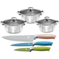 KING Topf-Set EDELSTAHL, Edelstahl (Set, 9-tlg., 3 Töpfe Ø 16/18/20 cm inkl. Glasdeckel, 3 Messer), Induktion
