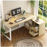 Flieks Eckschreibtisch L-förmiger Schreibtisch mit 2 Schubladen, 3 offenen Regalen Holzoptik (152x113,5x76 cm, 2-St., Gaming-Schreibtisch aus MDF in Naturholzfarbe & weiße Stahlbeine), Computertisch Bürotisch Arbeitstisch mit verstellbaren Einlegeböd