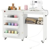 COSTWAY Schreibtisch, 2 in 1 Nähtisch klappbar mit Ladestation, Rollen