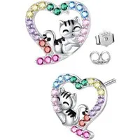 Limana Paar Ohrstecker Süße Katzen Herz Mädchen Ohrringe 925 Silber bunte Zirkonia (Kinder Schmuck Geschenk-Idee inkl. Dose), Einschulung Ostern Weihnachten Geburtstag Schulanfang