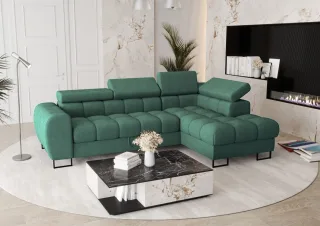 Ecksofa Schlafsofa BASTIEN in Stoff Moly Grün Ottomane Rechts
