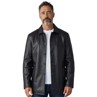 Herren schwarze Lederjacke mit langem Kragen – Bergen