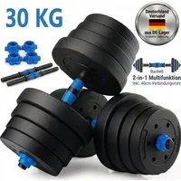 kehot Hantel-Set 30kg Hantelset aus PVC mit Zementfüllung - Kurz- & Langhantel, (2-in-1 Kurzhantel & Langhantel mit Verbindung für Langhantel, Ideal für Intensives Arm-, Brust- & Ganzkörpertraining Daheim), Robustes PVC, Sicherer Halt durch Muttern, 