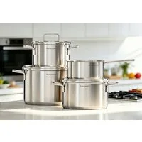 Hanseatic Topf-Set DAILY, Edelstahl 18/10 (Set, 7-tlg., Stielkasserolle 16 cm, Kochtopf 16/20/24 cm), handfreundliche Griffe, Literskala, Glasdeckel, Induktion