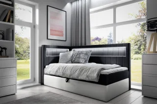 Boxspringbett Gästebett Kinderbett FABIAN Nr.3 90x200cm Weiss-Schwarz Seite L...
