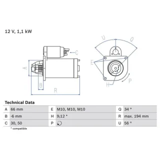 Bosch Anlasser 1,1 kW Citroen Fiat Lancia Peugeot 0986021600