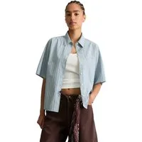 Marc O'Polo DENIM Kurzarmbluse aus gestreifter Papertouch-Popeline