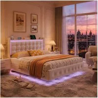 Simurq Polsterbett 160x200cm LED Bettkasten USB Weiß Schwebebett (USB-Ladeanschluss), LED,Bettkasten,USB,Weiß,Schwebebett‑Optik,Lattenrost