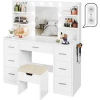 HOMALL Schminktisch Mit dreifarbiger LED-Beleuchtung, mit Spiegel, optional mit Hockern (Maße: 110 x 40 x 137 cm, mit 10 kugelförmigen Lampen, deren Helligkeit und Farbtemperatur einstellbar sind, sowie einer Schublade. Ausgestattet mit 1 USB-Anschlu