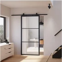 inova wohnen Glasschiebetür Milchglas schwarzer Stahlrahmen, Komplett Set offene Laufschiene Softclose Loftstyle