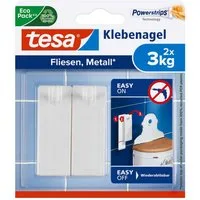 tesa Klebehaken tesa Klebenagel Fliesen&Metall, verstellbar, 2 Stück, 3 kg Haltekraft, Dekoration, Bilder, Leinwände, Lichterketten, Girlanden, (Packung, 2-St., 2 Stück), Klebenägel mit max. 3 kg Haltekraft - Tapete & Putz - 2er Pack