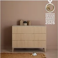 PAIDI Wickelkommode JONTE in Beige & Eichefarben, 3 Schubladen mit Soft-Close, Vollauszug, Kommode 124 cm Breite, Wickeltisch mit Massivholz-Füßen