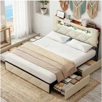 zebery Stauraumbett Polsterbett Doppelbett Mit LED und USB+Typ C (1-tlg), 140x200 cm,Samtstoff,Mit Kopfteil und Bettgestell,Beige