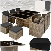 tectake Sitzgruppe Rattan Sitzgruppe, (Set., 12-tlg), Umklappbare Rückenlehne – Stühle passen unter den Tisch