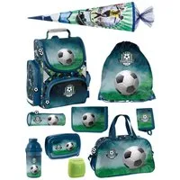 Familando Schulranzen 1.-3. Klasse ergonomisch, leicht, Volumen 15 Liter (10-tlg., inkl. Sporttasche und Schultüte / Zuckertüte 85cm), Fussball Schultasche für Jungen, Blau
