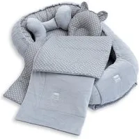 Loolay Kuschelnest BABYNEST 5 TLG. Set PREMIUM Babyausstattung Baumwolle & Samt Velours, (MUSTER: GRAU Samt Velour/ Mini PUNKTE Grau, 5-tlg., Liebevoll handgefertigt Nestchen! Geborgenheit Komfort für Neugeborene), Premium Ausstattung - 100% Europäis