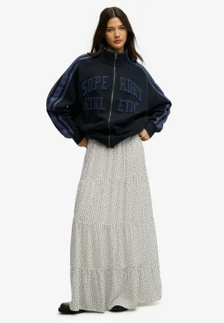 Superdry - Gewebter Maxirock mit Stufendesign Off-White mit kleinen Herzen - Gr. - 12