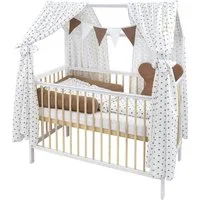 Baby-Delux Komplettbett Hausbett Babybett Komplettset Waffelpique Musselin, 12-tlg., Kinderbett 60x120 cm weiß Natur, Bettset verschiedene Designs